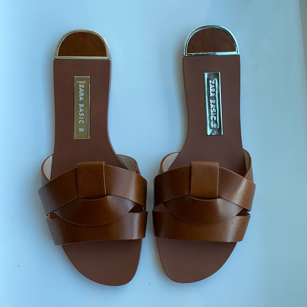 Zara Basic brown leather sandals slides, sz 36 6